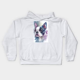 Adorable Boston Terrier Dog Watercolor with Blue and Purple Accents Kids Hoodie